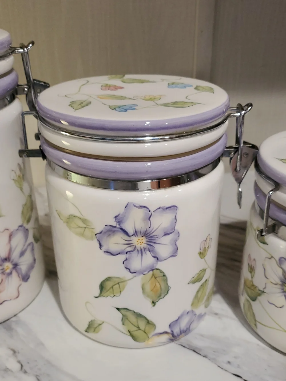 Vintage Floral Ceramic Kitchen Canister Set - Lavender Accents Capriware